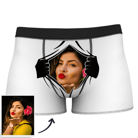 Personalised men's face-on boxer shorts showing a centred cropped photo face print on soft polyester fleece — custom photo underwear gift