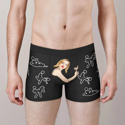 Flat-lay of personalised boxer shorts featuring centred cropped face print and cosy fleece finish, funny personalised face gift for boyfriend
