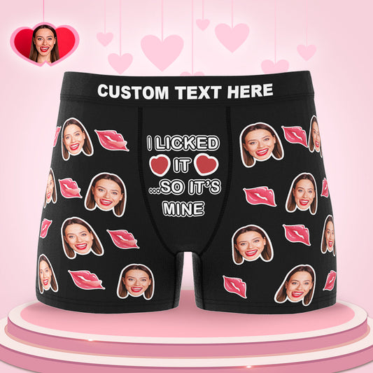 Custom Face Boxer front view with 'I Licked It So It's Mine' slogan and personalised photo-face print – novelty Valentine's gift for boyfriend