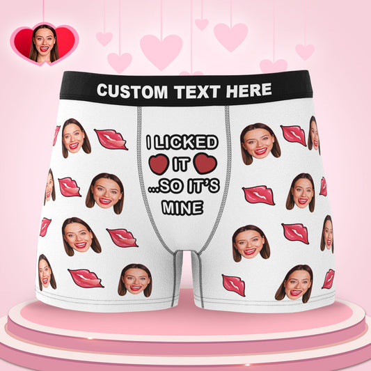 Custom Face Boxer front view with 'I Licked It So It's Mine' slogan and personalised photo-face print – novelty Valentine's gift for boyfriend