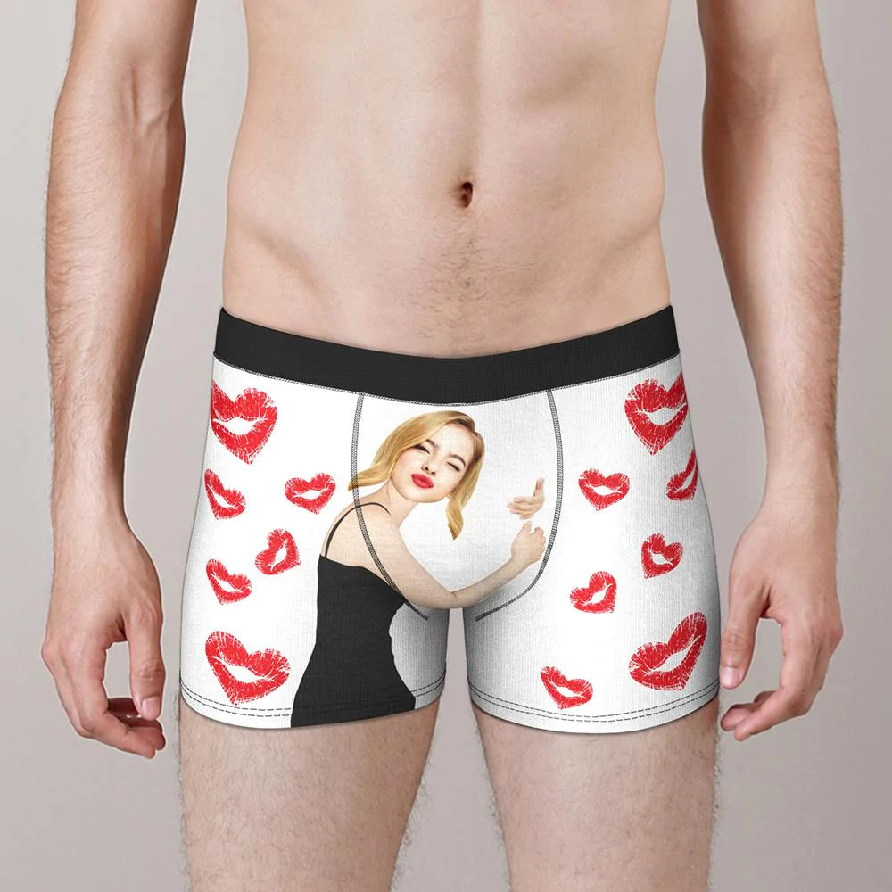 White personalised underwear with cropped face print and heart lip graphic — custom gift for husband, birthday or Father's Day