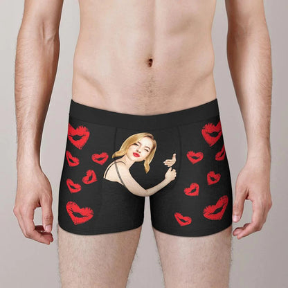 Black personalised face boxers displayed flat to show print placement and fleece finish — ideal funny gift for boyfriend or dad