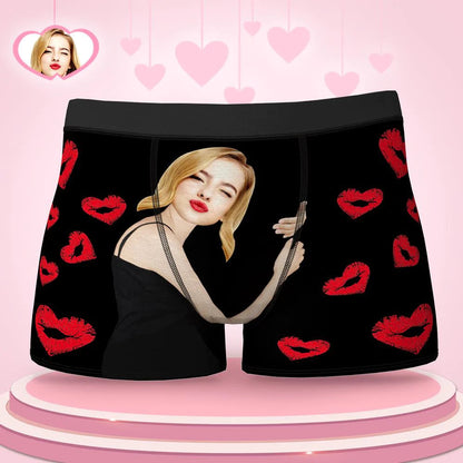 Front view personalised face boxers featuring centred girlfriend hug face and soft elastic waistband — playful personalised underwear present