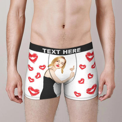 Custom Face Boxers in white with cropped face print and heart lip motif — unique personalised gift for him, machine washable