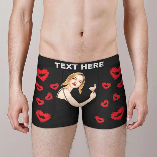 Personalised Custom Face Boxers in black with centred girlfriend hug face and heart lip print — funny gift for him