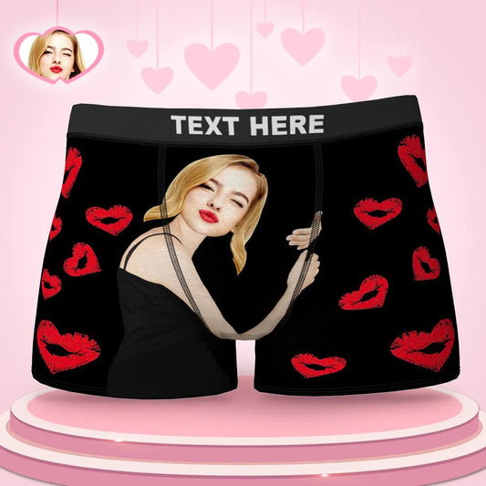 Personalised Custom Face Boxers in black with centred girlfriend hug face and heart lip print — funny gift for him