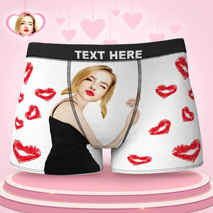 Close-up of personalised face boxers showing high-definition face print and heart lips — customised underwear gift for husband or boyfriend