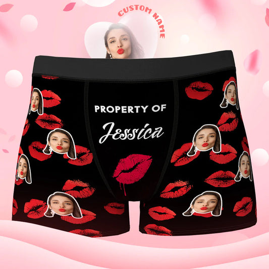 Custom face boxer shorts with printed faces and 'Property of Your Lover' text on soft 100% polyester fleece — personalised photo underwear gift for him, ideal for Valentine’s Day or birthdays (husband, dad, grandpa, brother, son)