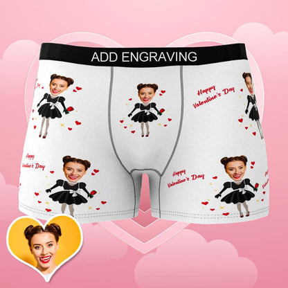 Male model wearing personalised heart-face boxers to demonstrate fit and stretch — men's custom underwear, ideal novelty gift for him