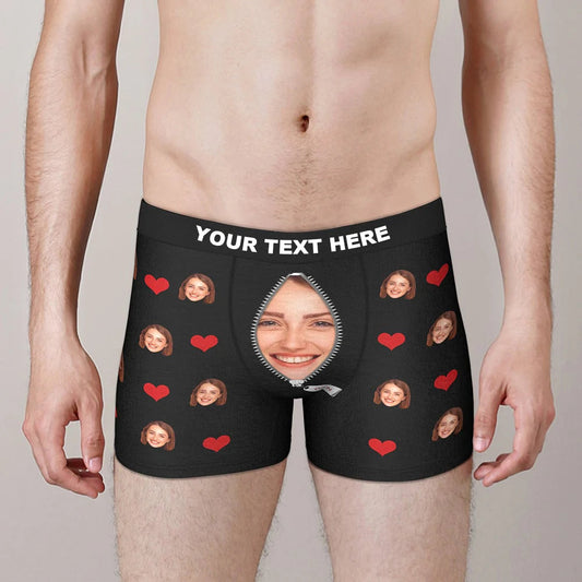 Front view of personalised Love Heart Face Boxer Briefs with a cropped photo face inside the heart — custom photo underwear gift for him