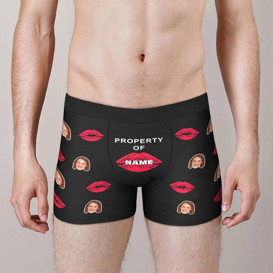 Personalised Face Boxer Briefs featuring a cropped male face photo — custom photo boxer shorts with optional name, a funny personalised gift for him