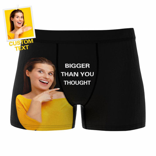 Personalised photo boxer shorts with custom text – flat front view of custom printed boxer briefs showing high‑resolution heat‑transfer photo and elastic waistband
