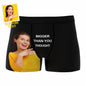 Personalised photo boxer shorts with custom text – flat front view of custom printed boxer briefs showing high‑resolution heat‑transfer photo and elastic waistband