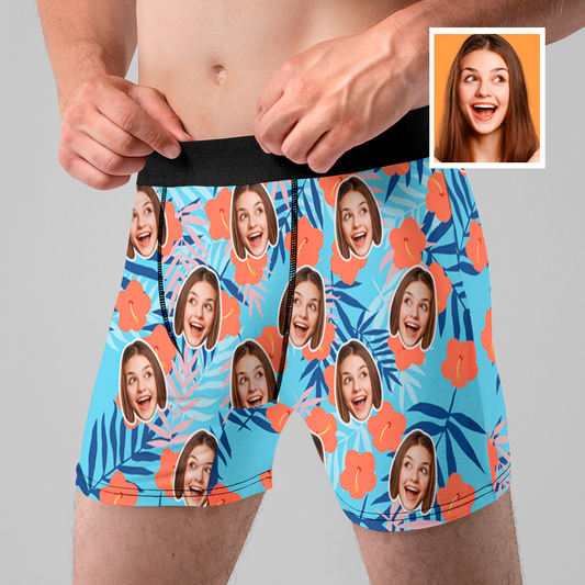 Personalised face boxer shorts with custom Hawaiian repeat print featuring cropped faces on soft polyester, novelty gift for boyfriend
