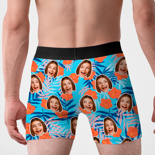 Personalised face boxer shorts with custom Hawaiian repeat print featuring cropped faces on soft polyester, novelty gift for boyfriend