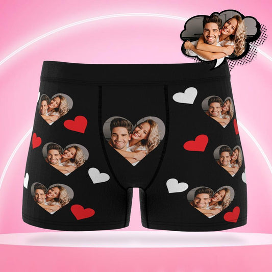 Front view of avatar heart boxer shorts — custom men's boxer shorts with a heart-shaped personalised photo on soft, breathable stretch fabric; perfect photo underwear gift for boyfriend