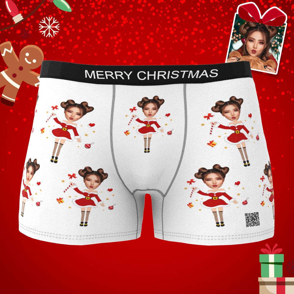 Detailed shot of women's personalised panties fabric and waistband with a bright custom photo Santa print