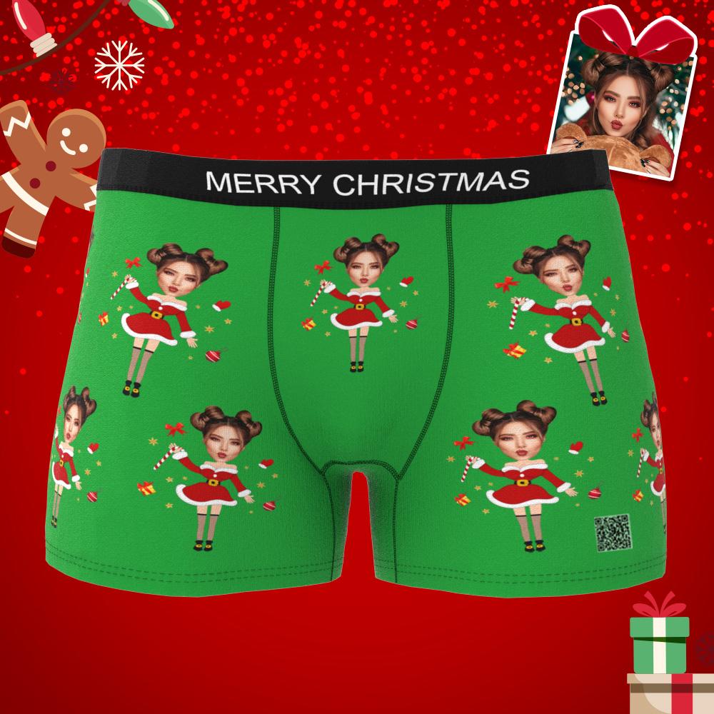 Lifestyle shot of personalised Santa face underwear worn as a playful novelty — great for anniversaries and novelty personalised photo gifts