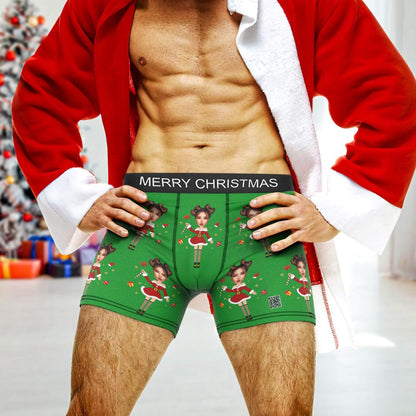 Product group shot showing multiple personalised Santa face underwear designs and customisation options with AR view available
