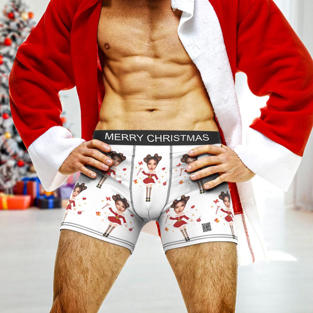 High-resolution zoom on print quality of personalised Santa face underwear showing clear facial detail and vibrant colours