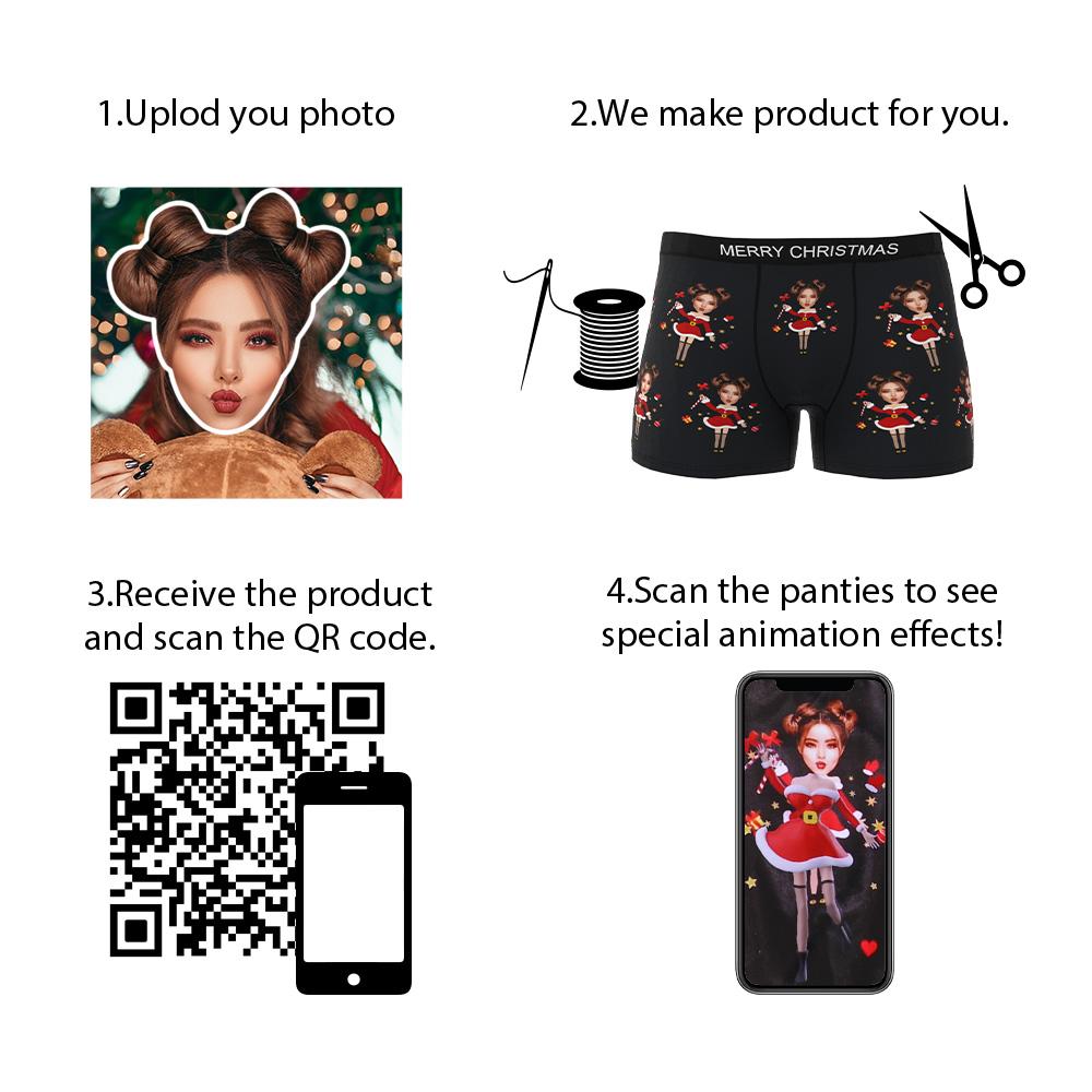 Animated view of women's personalised Santa face panties with clear custom photo print — cheeky personalised underwear couple gift