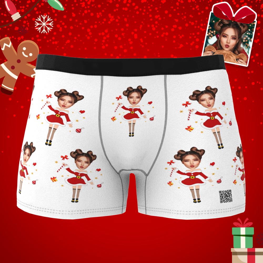 Animated detail of custom photo boxer highlighting crisp Santa face print and comfortable elastic waistband — a fun personalised gift