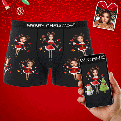 Animated front and back view of personalised Santa face boxer showcasing a high-resolution custom photo print — ideal personalised Christmas gift