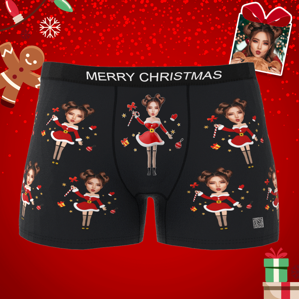Flat lay of matching boxers and panties with personalised Santa face prints showing coordinated custom photo underwear set