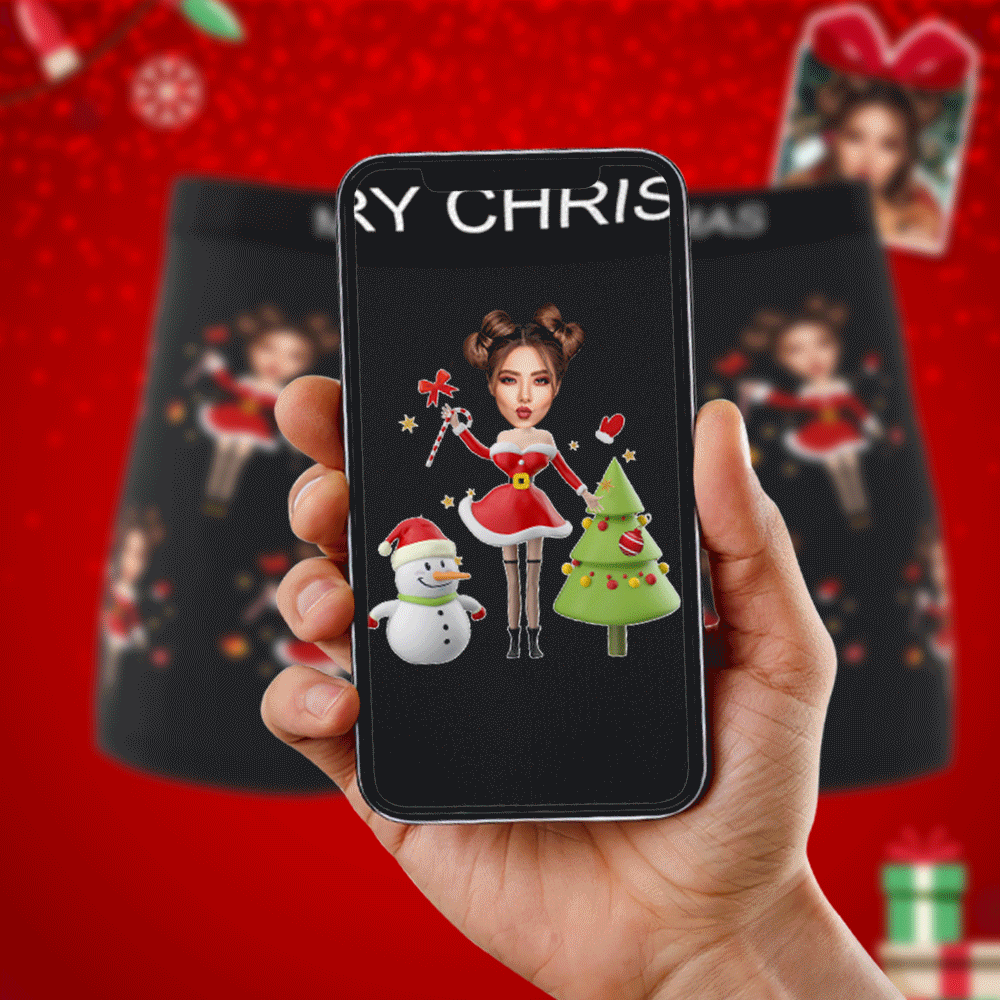 Animated front and back view of personalised Santa face boxer showcasing a high-resolution custom photo print — ideal personalised Christmas gift