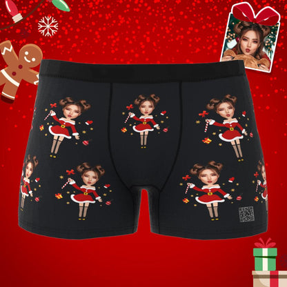 Model wearing personalised Santa face boxer displaying realistic print placement and cosy two-sided fleece finish