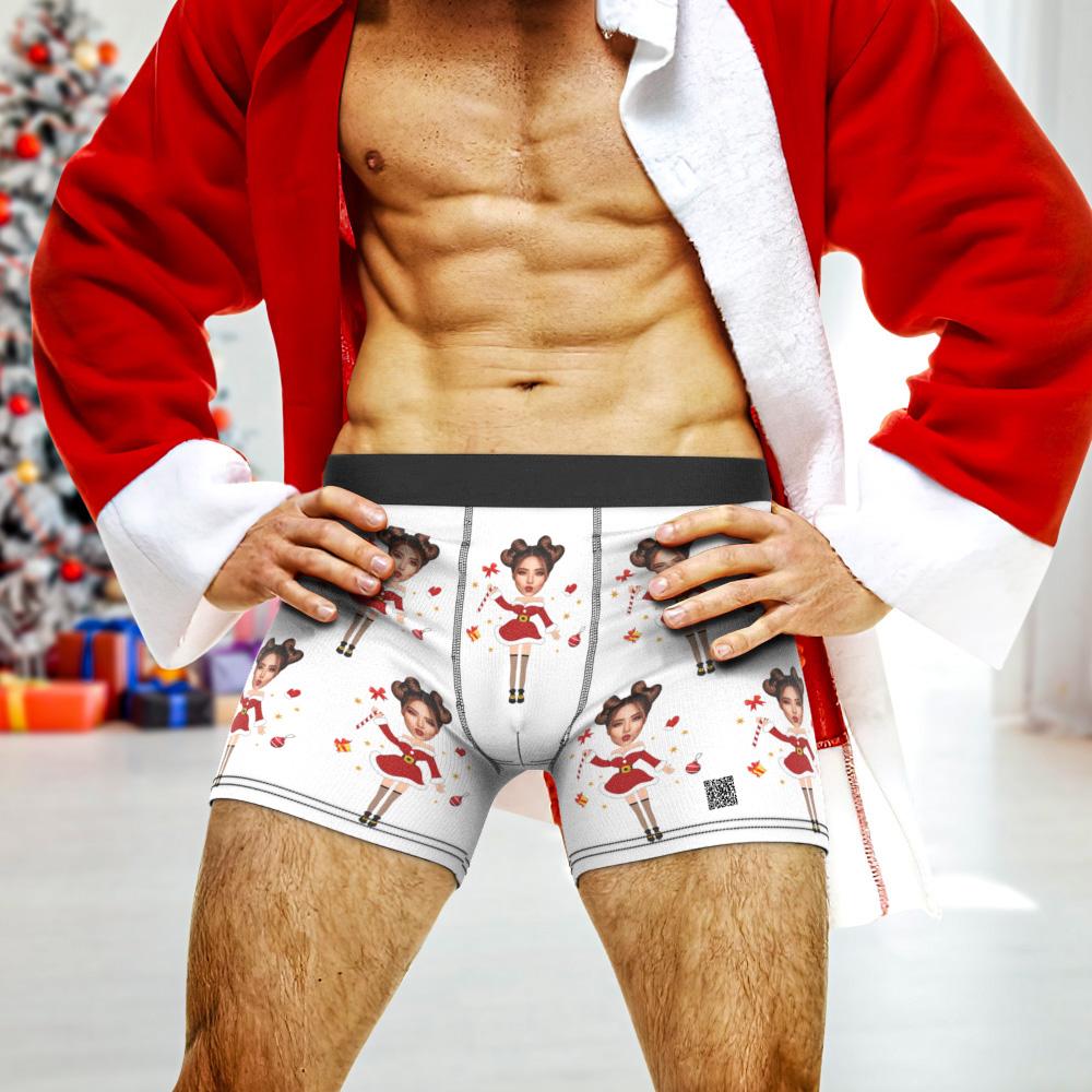 Pair display of men's personalised boxers and women's panties with matching custom Santa face prints — personalised underwear couple gifts