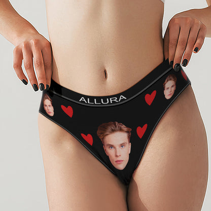 Personalised photo face engraved briefs, front view — custom underwear gift for him or her with vibrant all‑over print