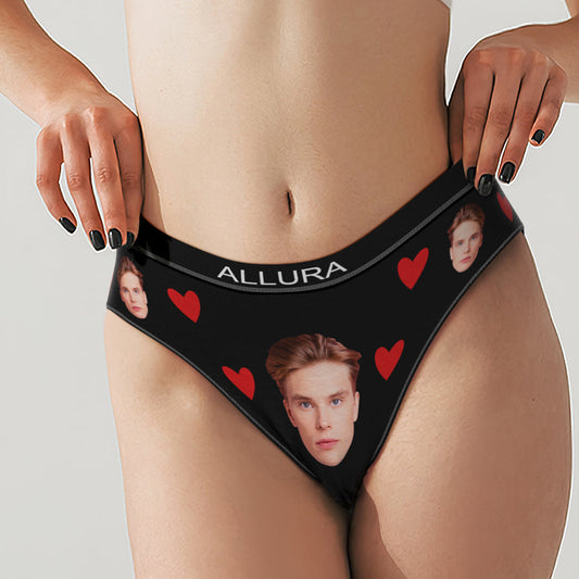 Personalised photo face engraved briefs, front view — custom underwear gift for him or her with vibrant all‑over print