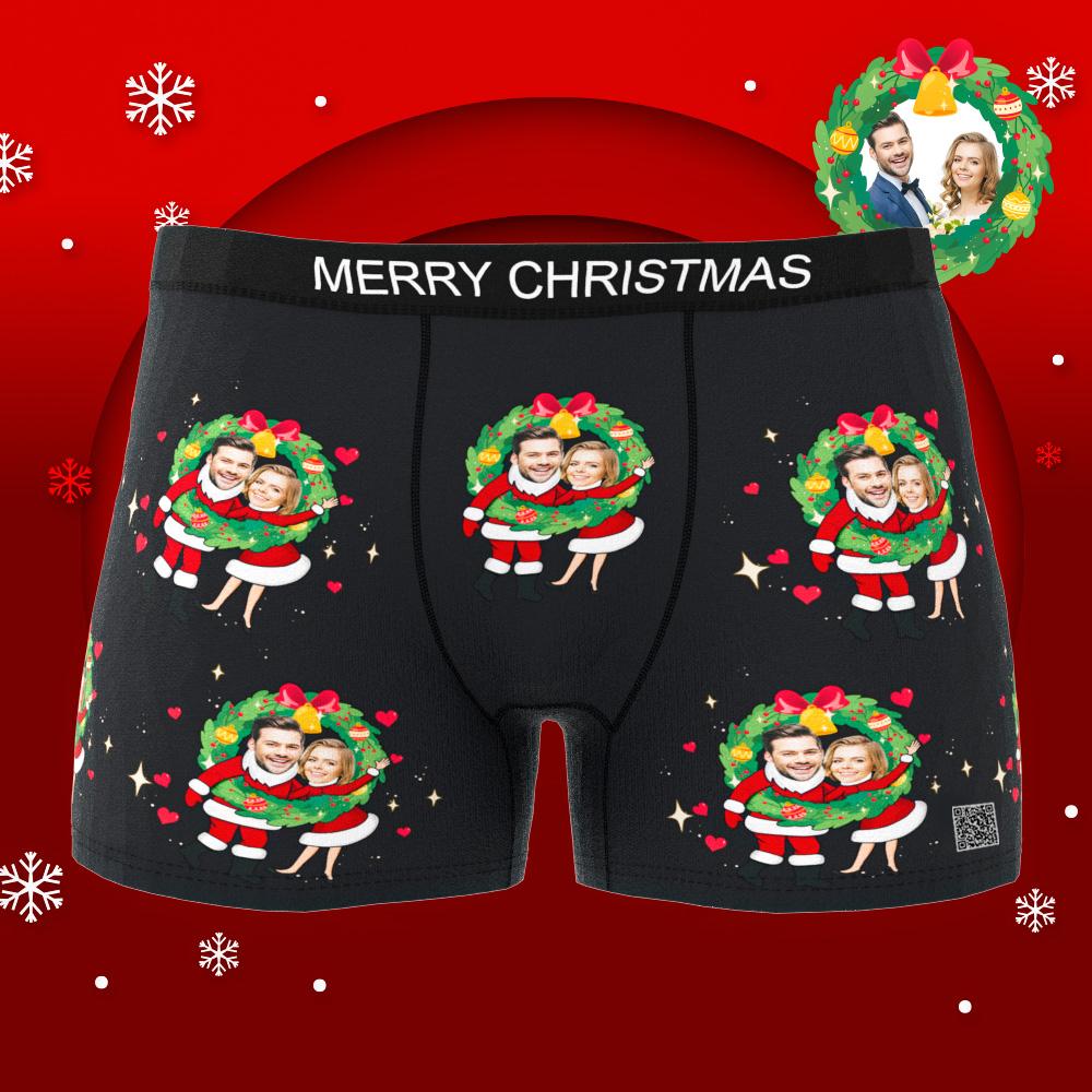 Model wearing personalised photo panties with double Santa design — cheeky, personalised Christmas gift idea for partners