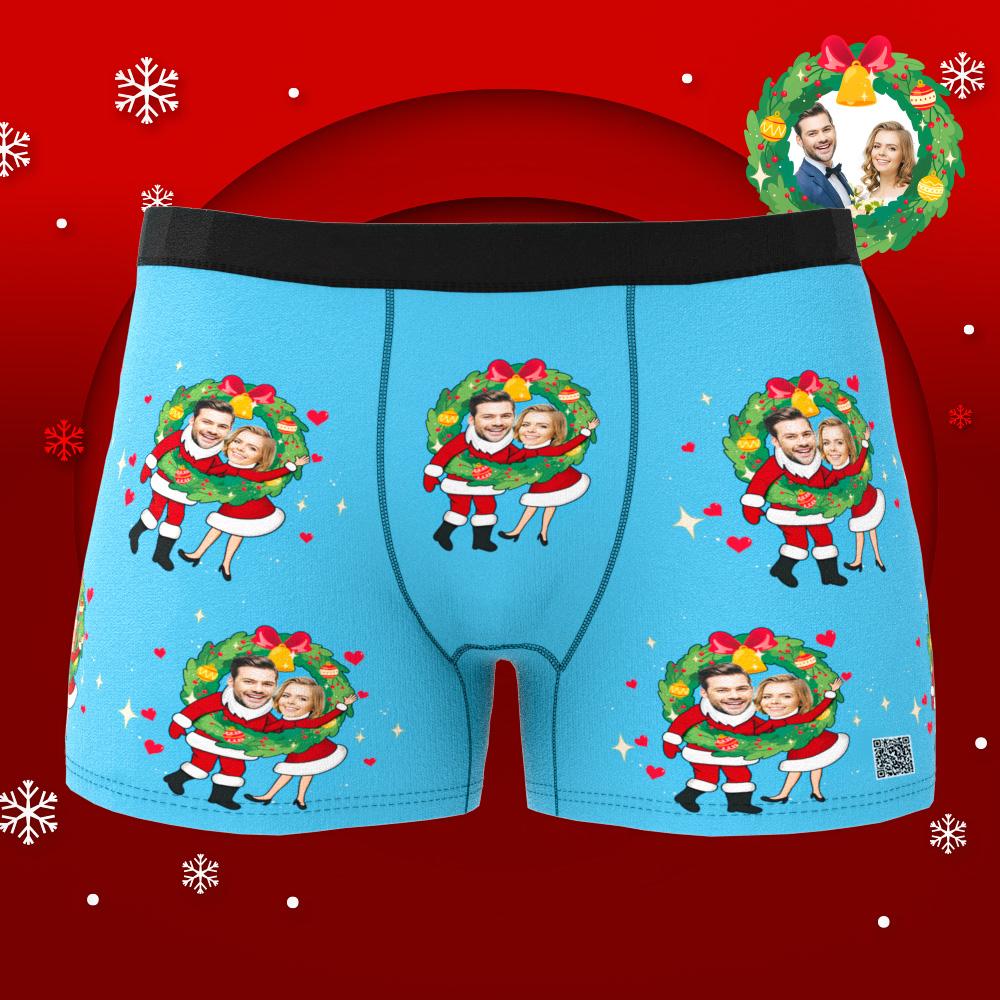 Front view of personalised men’s boxers with elastic waistband and full‑coverage double Santa design — ideal personalised Christmas gift