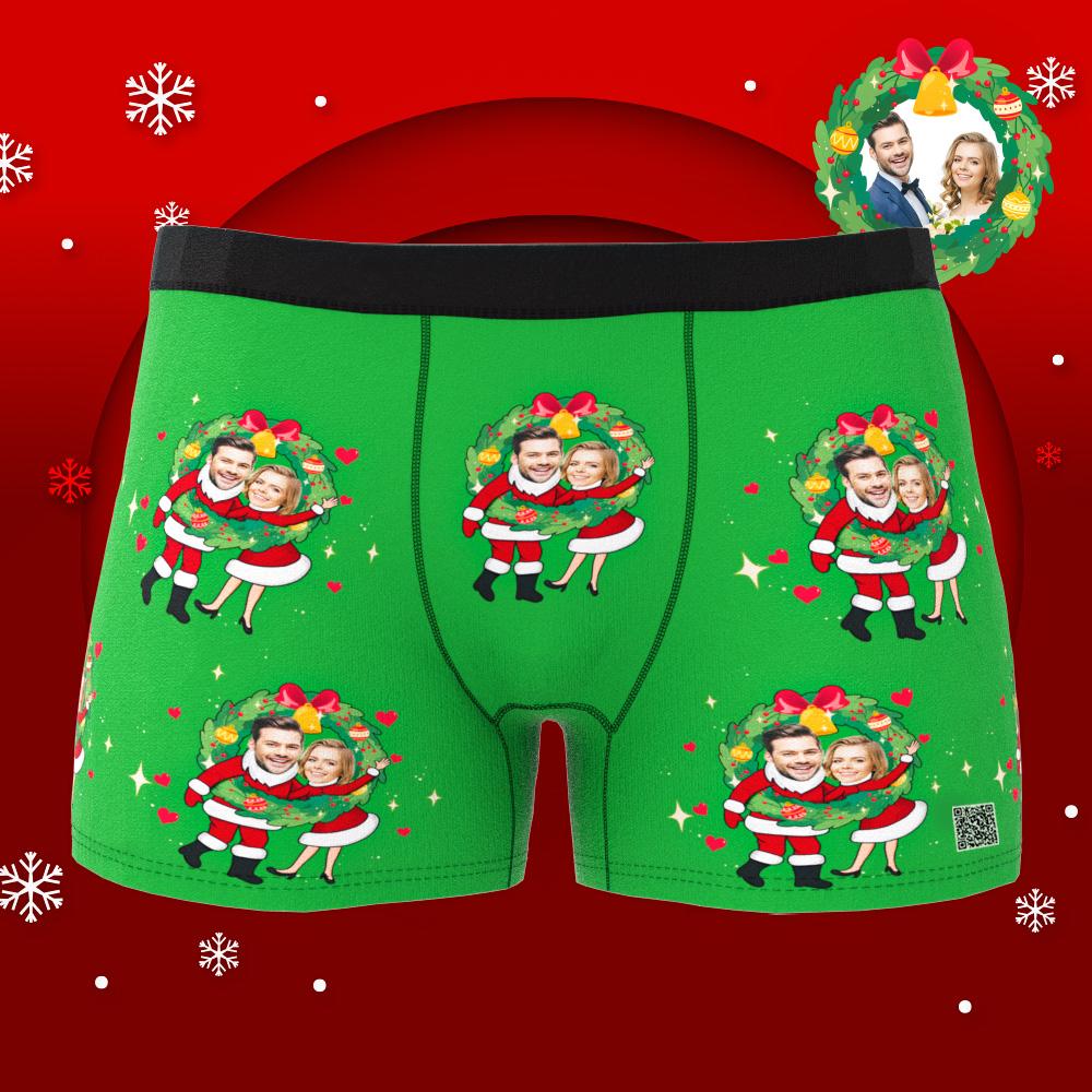 Back view of personalised photo boxers highlighting wraparound double Santa print and soft fleece finish — durable custom underwear