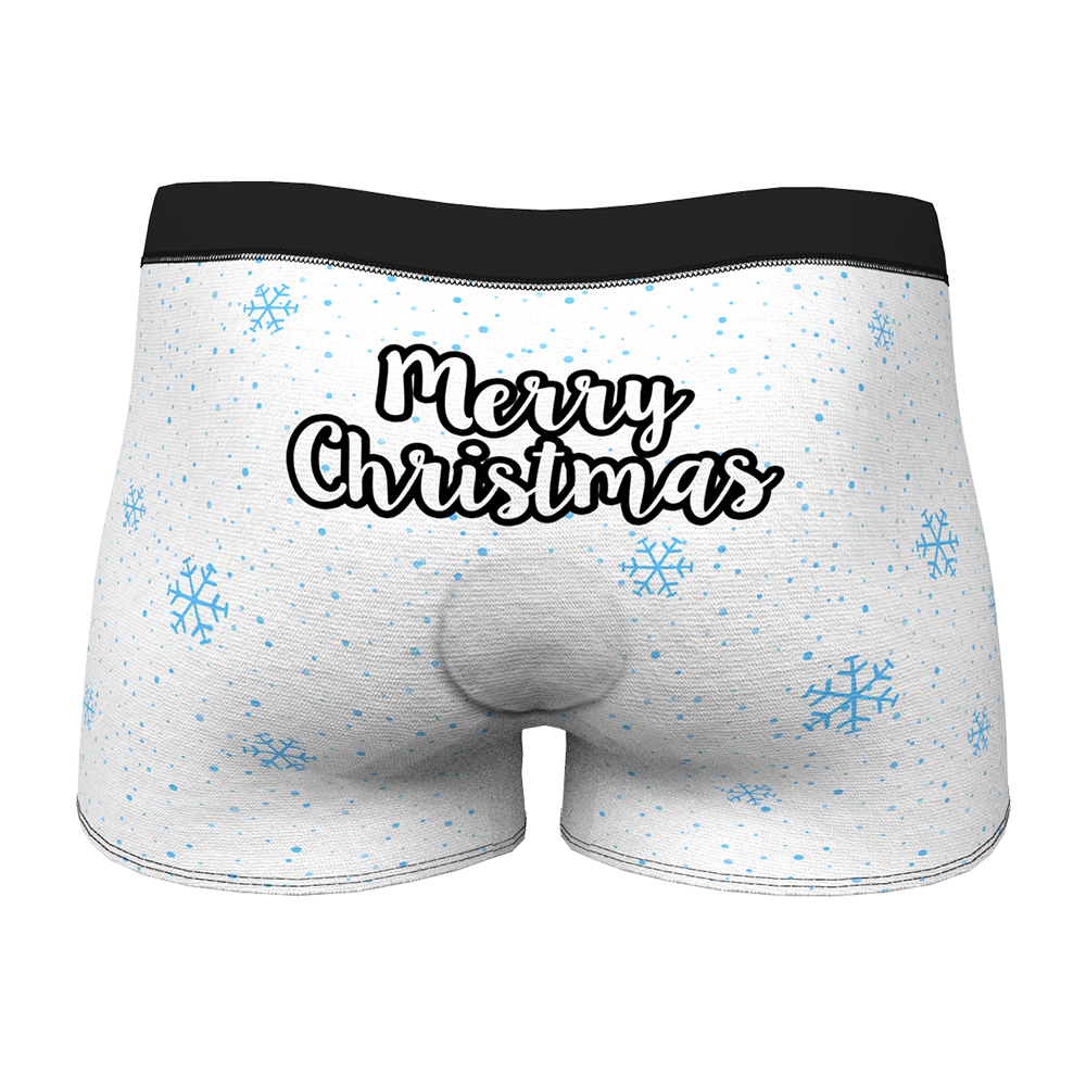 White Custom Face Christmas Underwear — men's personalised boxers with clear full-photo print on white stretch fabric, breathable and lightweight