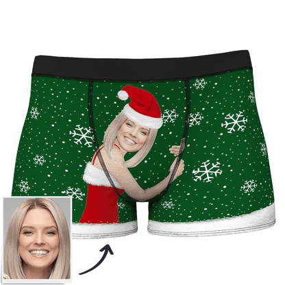 Black personalised boxers close-up — Custom Face Christmas Underwear showing vivid heat-transfer print, elastic waistband and neat stitching