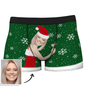 Black personalised boxers close-up — Custom Face Christmas Underwear showing vivid heat-transfer print, elastic waistband and neat stitching