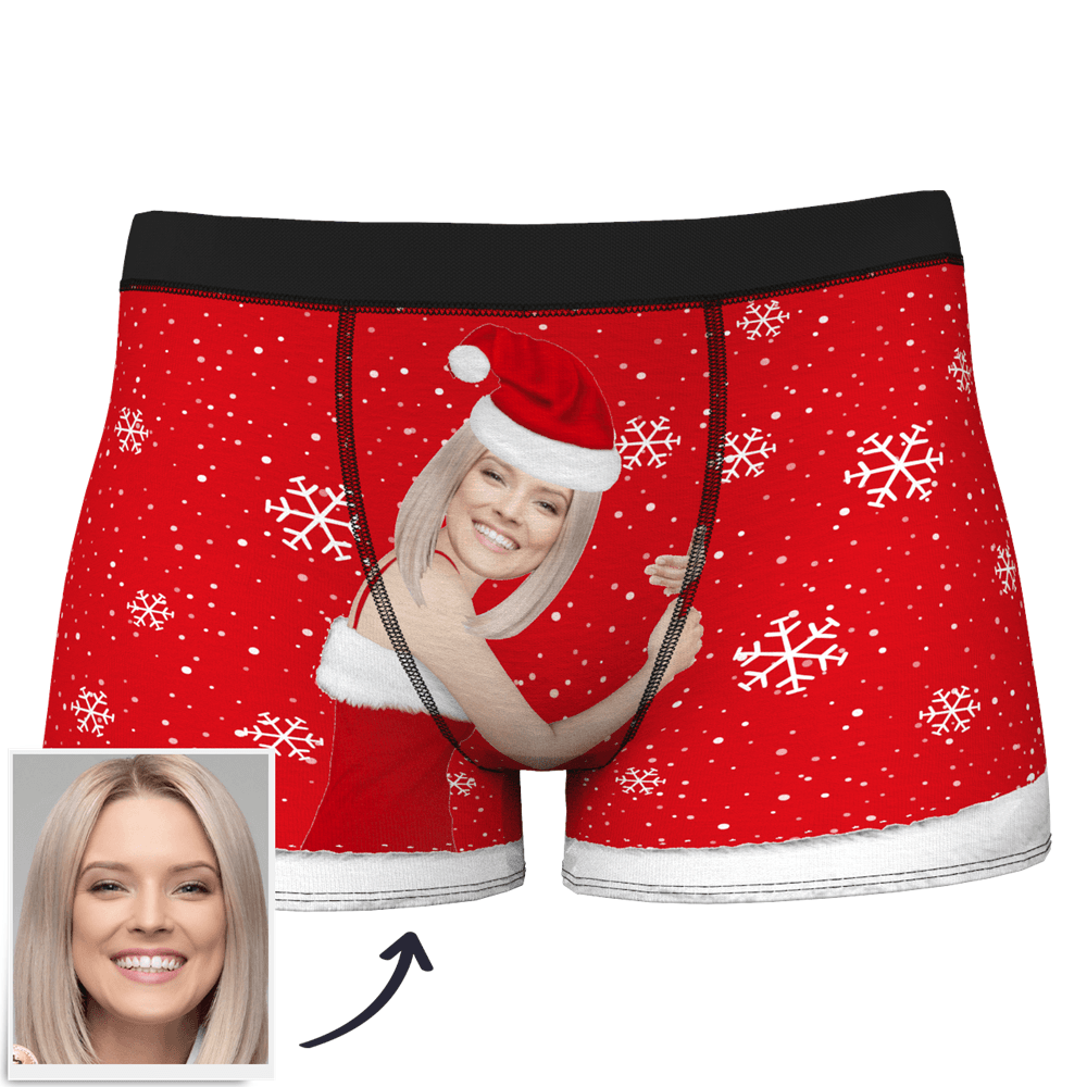 Front view of Custom Face Christmas Underwear — men's personalised boxers with full-face photo print, elastic waistband and supportive boxer-brief cut