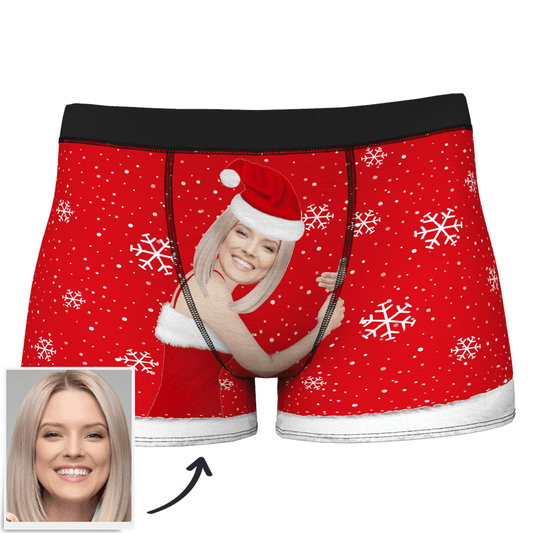 Front view of Custom Face Christmas Underwear — men's personalised boxers with full-face photo print, elastic waistband and supportive boxer-brief cut