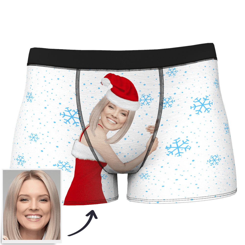 Close-up of red personalised boxers — Custom Face Christmas Underwear showing detailed heat-transfer photo print and soft elastic waistband