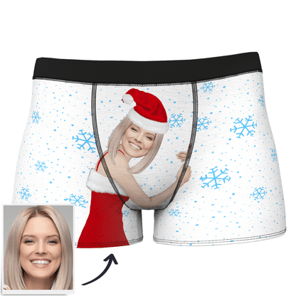 Close-up of red personalised boxers — Custom Face Christmas Underwear showing detailed heat-transfer photo print and soft elastic waistband