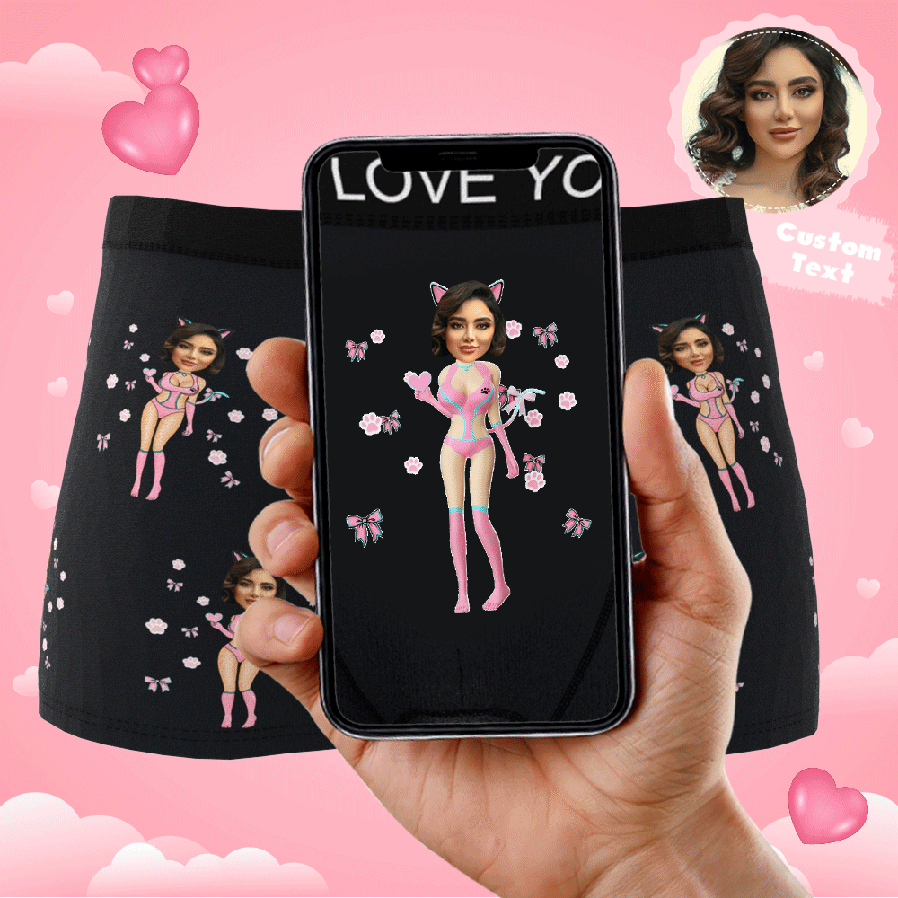 Front GIF of personalised Catwoman boxer shorts showing custom photo face print and AR view — personalised men's underwear gift