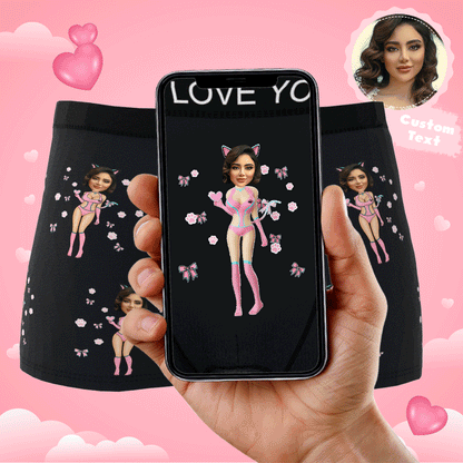 Front GIF of personalised Catwoman boxer shorts showing custom photo face print and AR view — personalised men's underwear gift