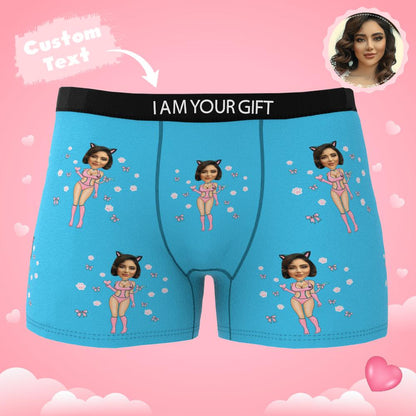 Lifestyle shot of personalised boxers as a novelty gift on a bed — custom photo underwear for boyfriend, husband or friend