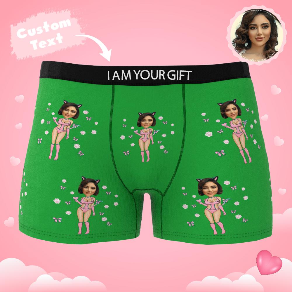 High-resolution close-up of custom face print on Catwoman-themed boxers emphasising print clarity and colour vibrancy