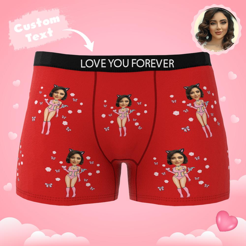 Angled flat lay of personalised Catwoman boxers showing full design and waistband — ideal personalised photo gift for him