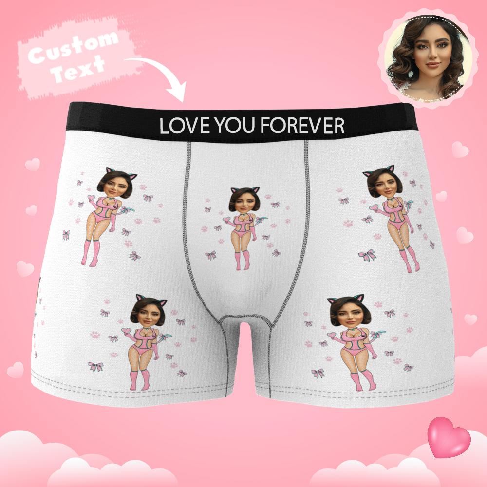 Multiple views collage of personalised men's underwear highlighting Catwoman print, waistband and AR feature — novelty personalised gift