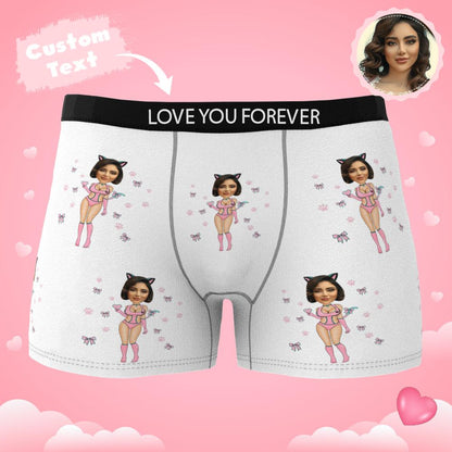 Multiple views collage of personalised men's underwear highlighting Catwoman print, waistband and AR feature — novelty personalised gift